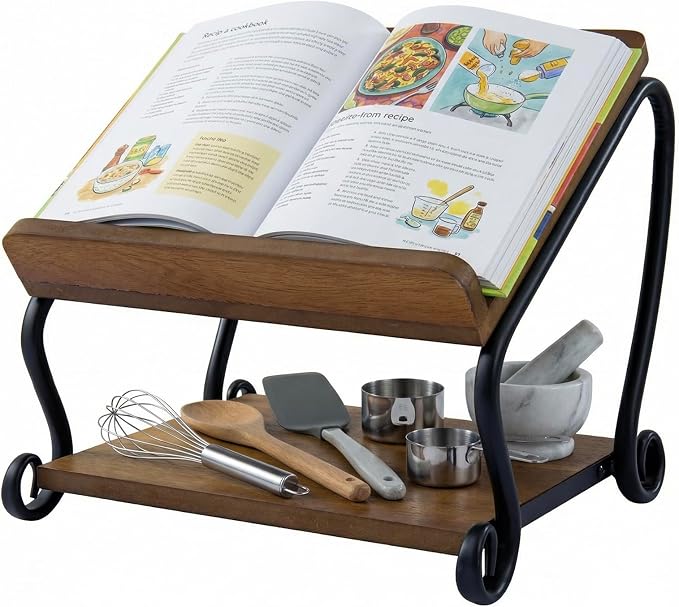 MyGift 2-Tier Deluxe Solid Wood and Matte Black Scrollwork Metal Cookbook Holder Stand with Bottom Storage Shelf – Rustic Recipe Book Display Rack for Kitchen Countertop