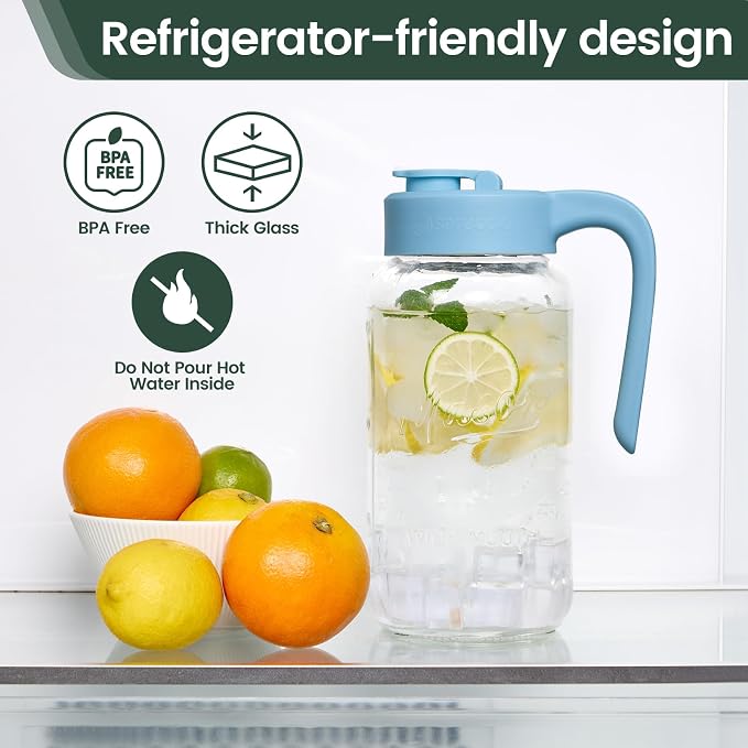 Mason Jar Pitcher - Airtight & Leakproof Glass Pitcher with Lid, Perfect for Breastmilk, Cold Brew, and Sun Tea, 2 Quart (64 oz) Mason Jar with Pour Spout Lid