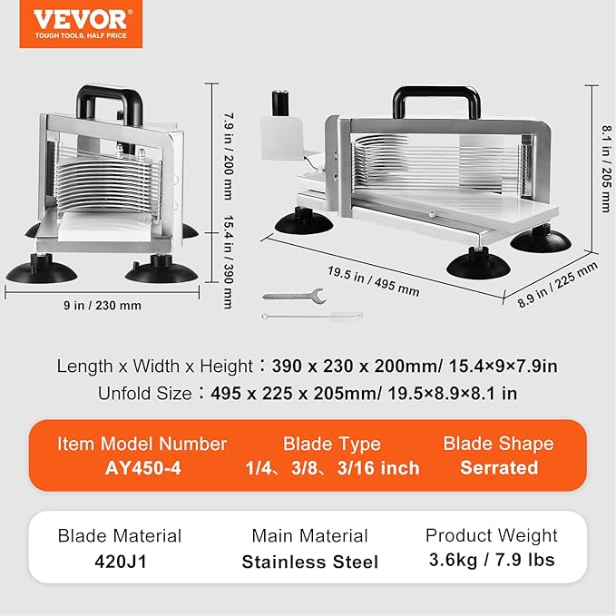 VEVOR Commercial Tomato Slicer, 1/4"+3/8"+3/16" Tomato Cutter Slicer, Stainless Steel Heavy Duty Tomato Slicer Machine, Manual Tomatoes Slicer with Non-slip Feet, Cutting Tomatoes, Cucumbers, Bananas