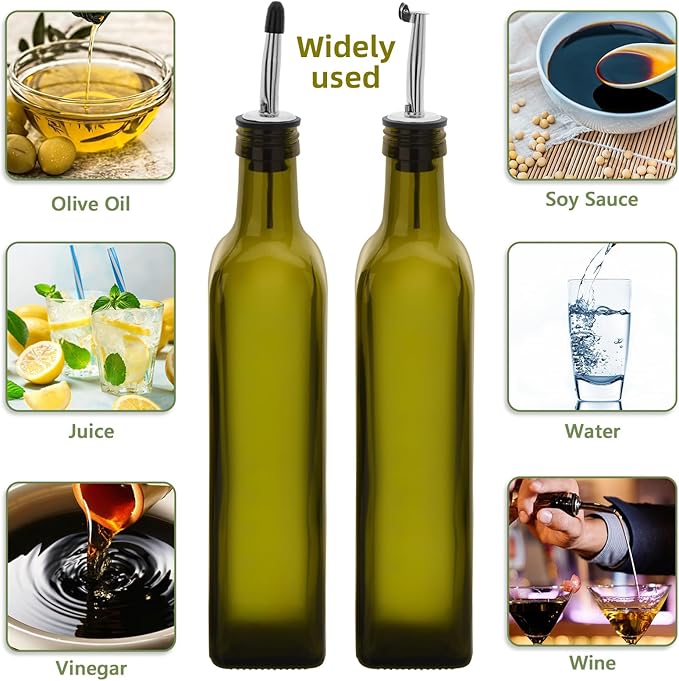 17oz 4 Pcs Olive Oil Dispenser Bottle,500ml Glass Oil and Vinegar Dispenser Set with 4 Stainless Steel Pourers, 8 Labels,Funnel Oil Bottles for Kitchen (Green)
