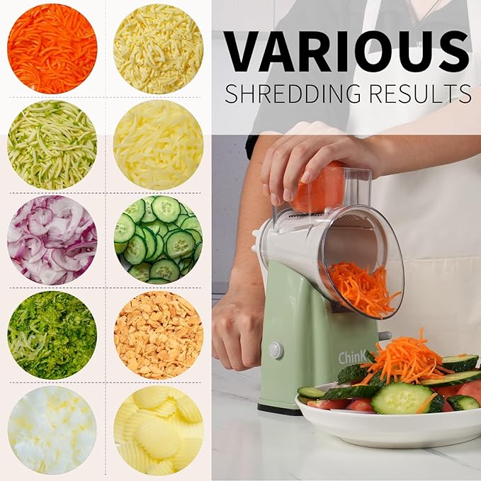 Upgrade Rotary Cheese Grater Shredder with Handle, Strong Suction Base, Multi-purpose Rotary Grater Slicer with 5 Interchangeable Blades for Ice, Vegetables, Fruit, Nuts with Blade Storage Box