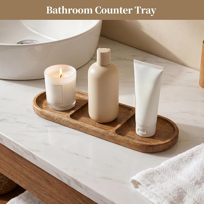 Small Wooden Tray | Acacia Wood Tray for Vanity, Bathroom Counter, Coffee Table & Toilet | Perfect for Jewelry, Key & Catch All | Mini Charcuterie Board Serving Platter (Oval 3-Compartment)