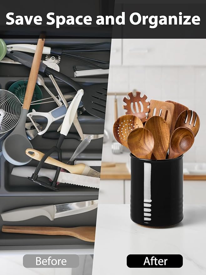 ABRUTY Utensil Holder, 6.7" Ceramic Kitchen Utensil Crock for Countertop Cooking, Modern Utensil Caddy Jar Organizer for Farmhouse Kitchen Counter Decor (Black)