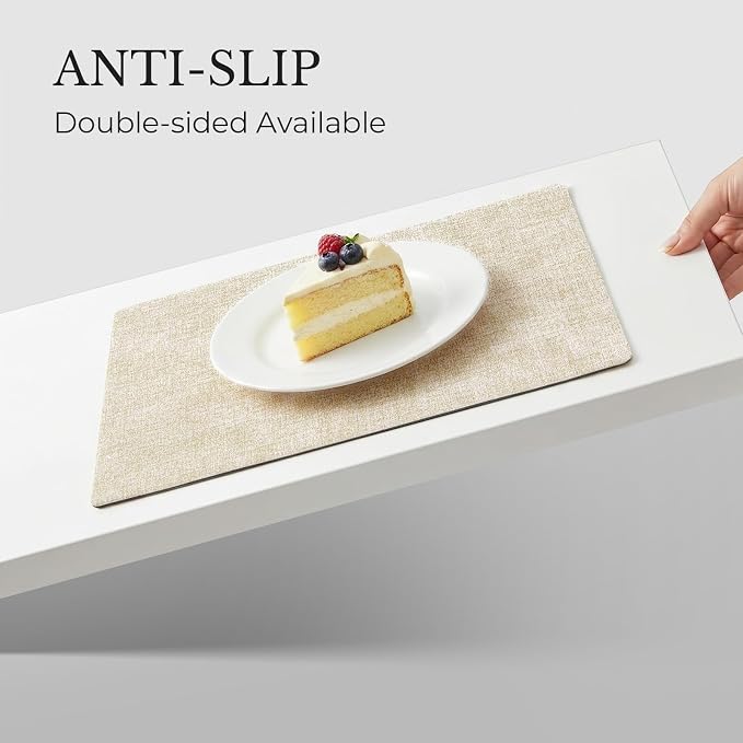 Romanstile Vinyl Placemats Set of 6, Reversible Faux Leather Heat Resistant Wipeable Table Mats, Waterproof Washable Non-Slip Table Placemats for Dining/Kitchen/Party/Outdoor (Grey Beige, 12" x 17")