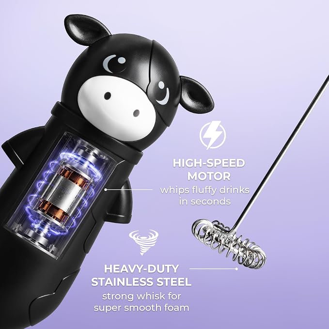 Zulay Kitchen Cow Milk Frother Wand – Cutesy Frother, Meet Your New Frothing Buddy Betsy The Cow, Adoption Papers and Stickers Included, Purrr-fect for Lattes, Cappuccino & Matcha – Black