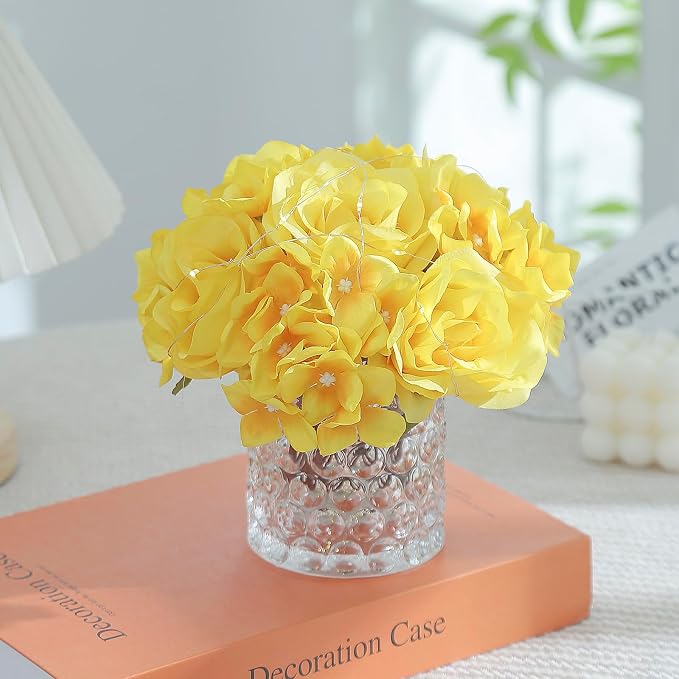 Rose Silk Flower Arrangement Artificial Vivid Rose in Glass Vase with LED Light Elegant Centerpiece for Home Wedding Bathroom Table Shelf Decoration (Yellow)