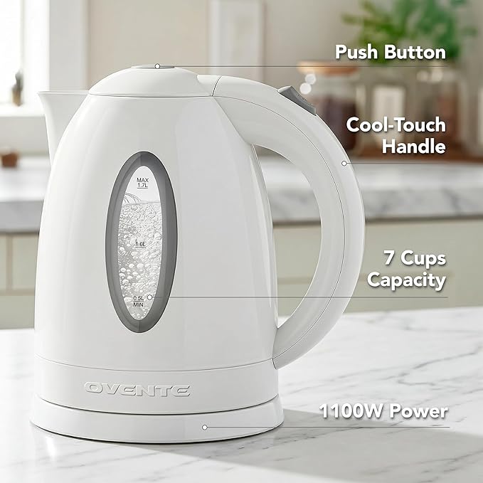 OVENTE Electric Kettle, 1.7L Fast Boiling Water Heater for Coffee or Tea, BPA Free with Water Level Gauge, Auto Shut-Off, Boil-Dry Protection, Indicator Light and Removable Filter, White KP72W