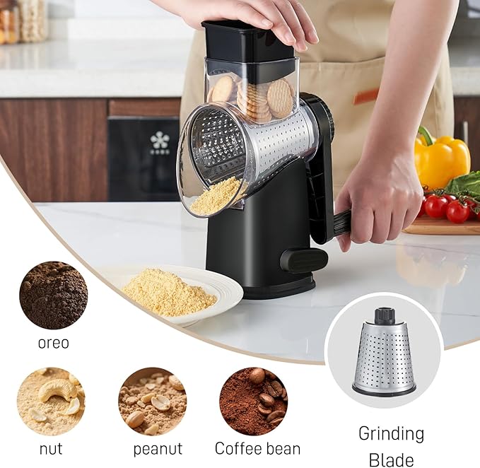 Weltonhm Rotary Cheese Grater with 3 Blades, Large Hand Crank Cheese Grater with Waffle Slicer, Black and White Cheese Slicer with Suction Base, Easier for Shredding& Grating (black, 3 Graters)