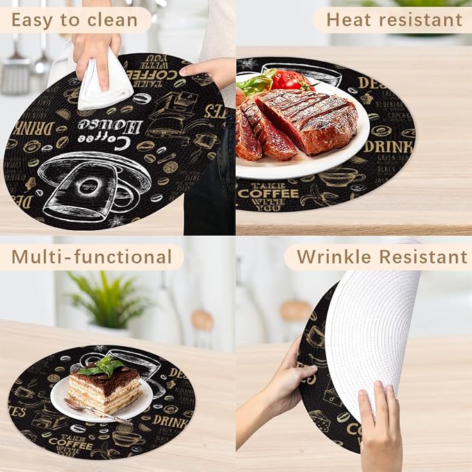 Round Placemats Set of 6, Black Coffee Pattern Woven Placemats Mats Non-Slip Heat Resistant Washable Table Mats Round Braided Place for Farmhouse Kitchen Dining Party Decor 15in