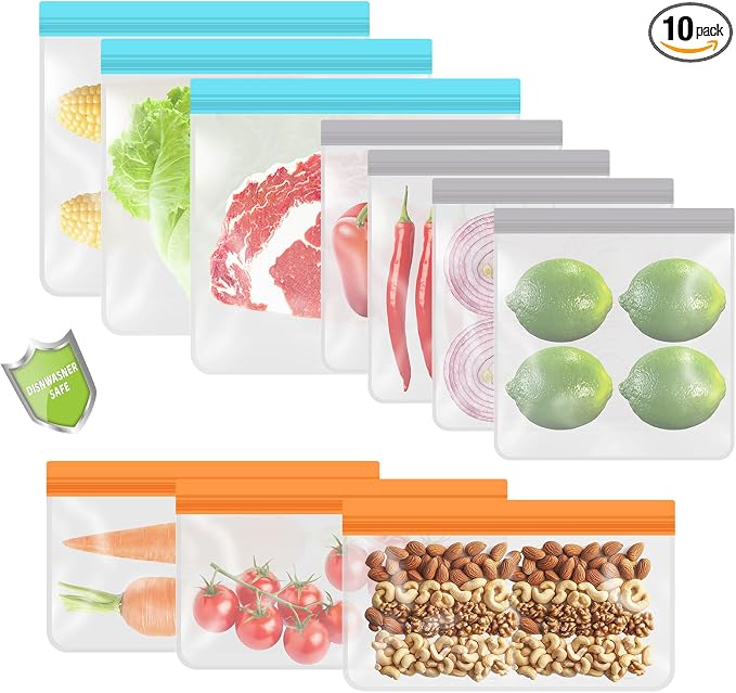 10 Pack Leakproof Reusable Freezer Bags, BPA Free Food Storage Bags, Salad Fruit, Vegetables, Traval, Home Organization Dishwasher Safe - 3 Gallon 3 Snack 4 Sandwich Bags