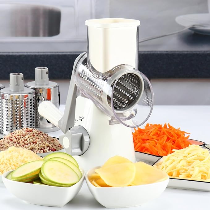 Cambom Rotary Cheese Grater Hand Crank Cheese Shredder for Fresh Cheese, Vegetable, Nuts,Non-slip Suction Base,Three Blades,White
