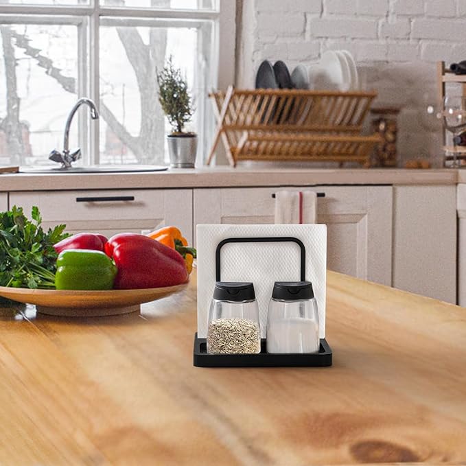 Mkono Napkin Holder for Table Farmhouse Wooden Napkin Dispenser Rustic Paper Napkin Storage for Kitchen Dining Room Coffee Bar, Black (Salt and Pepper Shakers not Included)