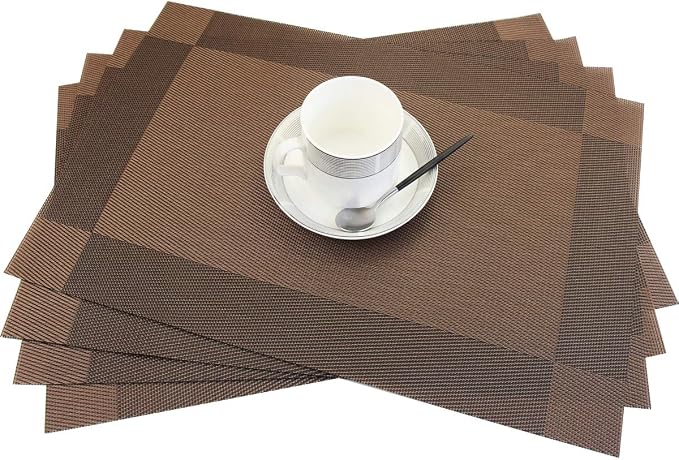 PIGCHCY Place Mats Heat-Resistant Non Slip Placemats Washable Easy to Clean Woven Vinyl Placemats for Dining Table (Set of 4, Brown)