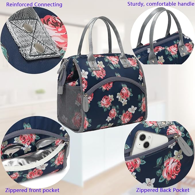 FlowFly Insulated Lunch Bag for Women, Men, Large and Reusable, Handle, Work and Travel Tote and Meal Prep Organizer, Rose