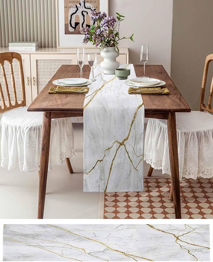 Marble White Gold Table Runner 72 Inch Long Dresser Scarves Modern Abstract Marble Cotton Linen Tablerunners Farmhouse Rustic Dining Kitchen Burlap Table Setting Decor for Party Holiday Home, 18"x72"