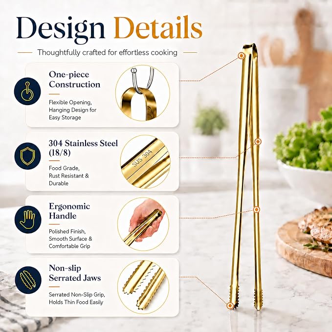 Kitchen Tongs Set of 3 with Storage Case, 304 Stainless Steel Cooking Tongs, 11.5”, 9.5” & 6” Serrated Non-Slip Tips for Grilling, Frying, Salad, Pasta, Ice Cubes (Gold)