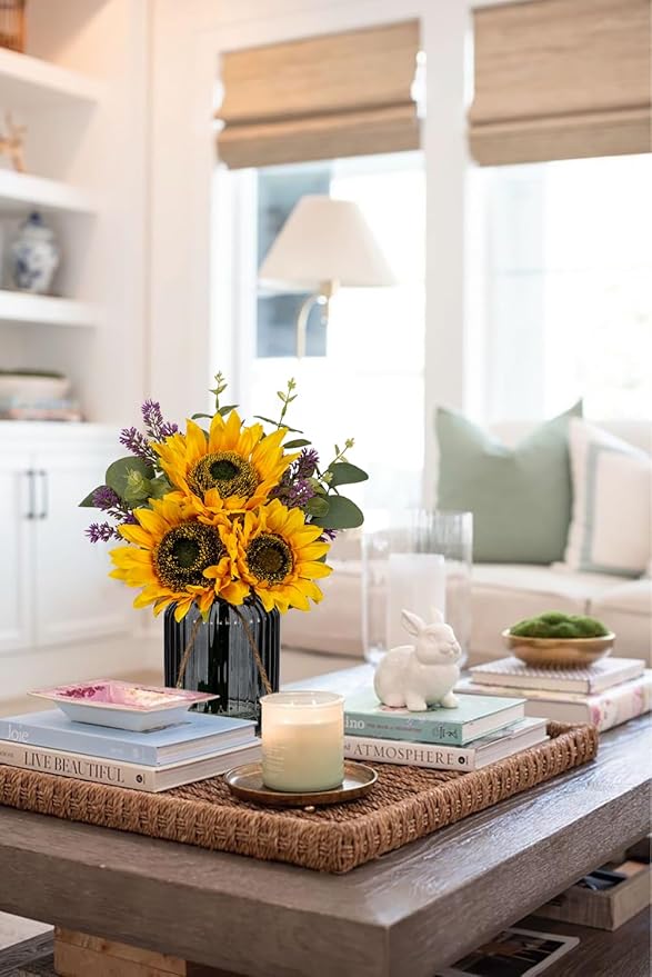 Oairse Fake Flowers in Vase, Sunflowers Artificial Flowers with Vase Sunflowers Centerpieces for Table Silk Flower Arrangement for Farmhouse Home Kitchen Bathroom Wedding Party Dining Room Decor