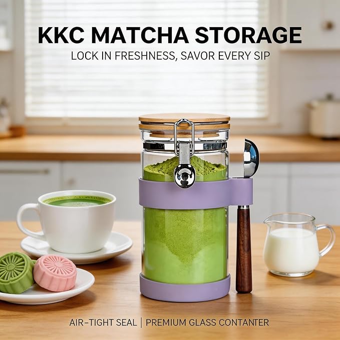 KKC Airtight Glass Matcha Container with Spoon - 1200ml (40oz) Large Matcha Storage Jar with Bamboo Lid to Preserve Freshness, Food-Grade Canister for Matcha Powder, Tea