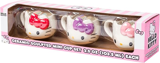 Silver Buffalo Sanrio Hello Kitty Different Color Bows 3 Pack Ceramic 3D Sculpted Mini Cup Set with Handles, Perfect as a Sugar, Cream, or Milk Set, 3.5 Ounces