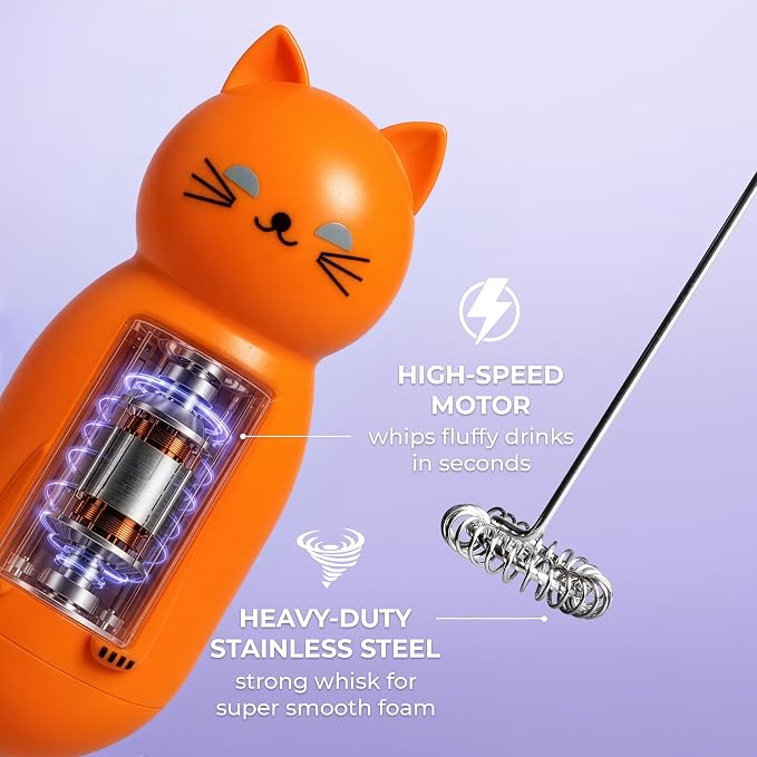 Zulay Kitchen Cat Milk Frother Wand – Cutesy Frother, Meet Your New Frothing Buddy Tiger The Cat, Adoption Papers and Stickers Included, Purrr-fect for Lattes, Cappuccino & Matcha – Orange