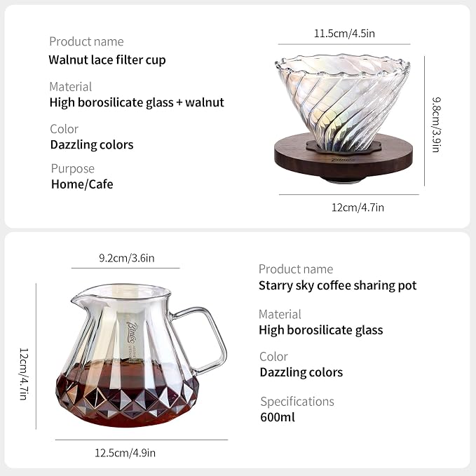 Bincoo Pour Over Coffee Maker&Dripper, Style Cone Filter + 600ml Glass Coffee Server, Manual Coffee Brewer Set, Reusable Coffee Filter Holder, Great Gift for Coffee Enthusiasts（Colorful）
