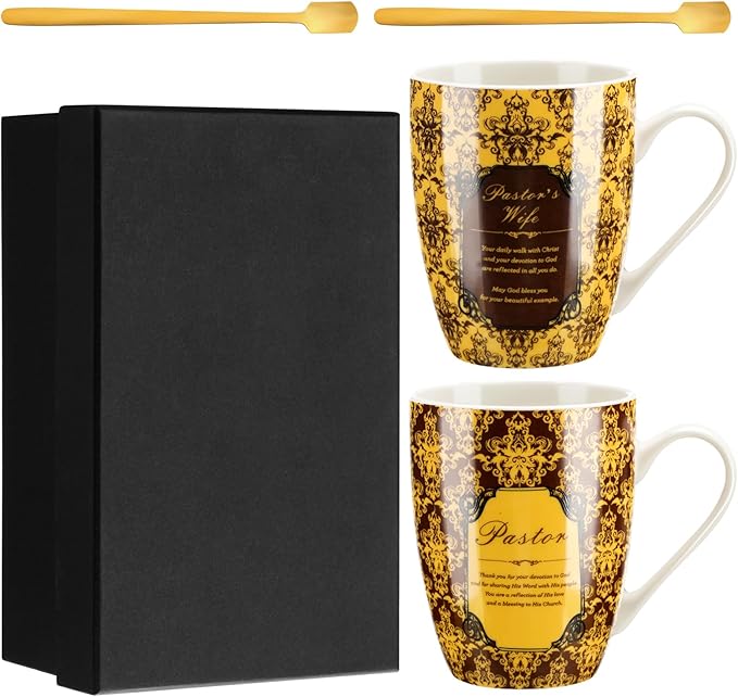 Shellwei 2 Sets Pastor and Wife Appreciation Gifts Stoneware Coffee Mugs with Gift Box Golden Coffee Spoons Pastor Gifts for Men Women Thanksgiving Christmas Christian Present(Classic)