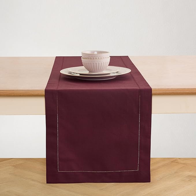 Solino Home Cotton Linen Wine Table Runner 72 Inches Long - Hemstitch Table Runner 14 x 72 Inch for Dresser
