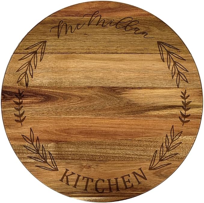Engraved Family Name and Leaves Personalized Lazy Susan, 16" Rotating Tray Brown