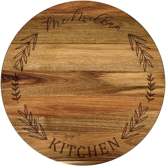 Engraved Family Name and Leaves Personalized Lazy Susan, 16" Rotating Tray Brown