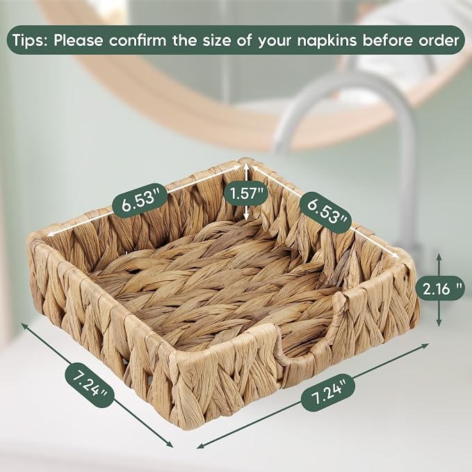 Napkin Holder for Table, Woven Water Hyacinth Napkin Holders For Paper Napkins, Wicker Napkin Holders for Kitchen Dinner Table Boho Decor and Accessories, Square Napkin Basket and Serving Tray