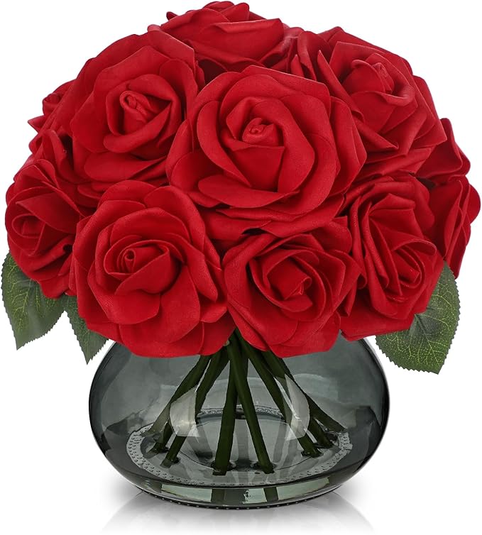 Hollyone Red Roses Artificial Flowers in Vase Silk Fake Rose Bouquet Flowers Floral Arrangements with Glass Vase with Faux Water for Home Bathroom Office Table Centerpiece Shelf Decorations