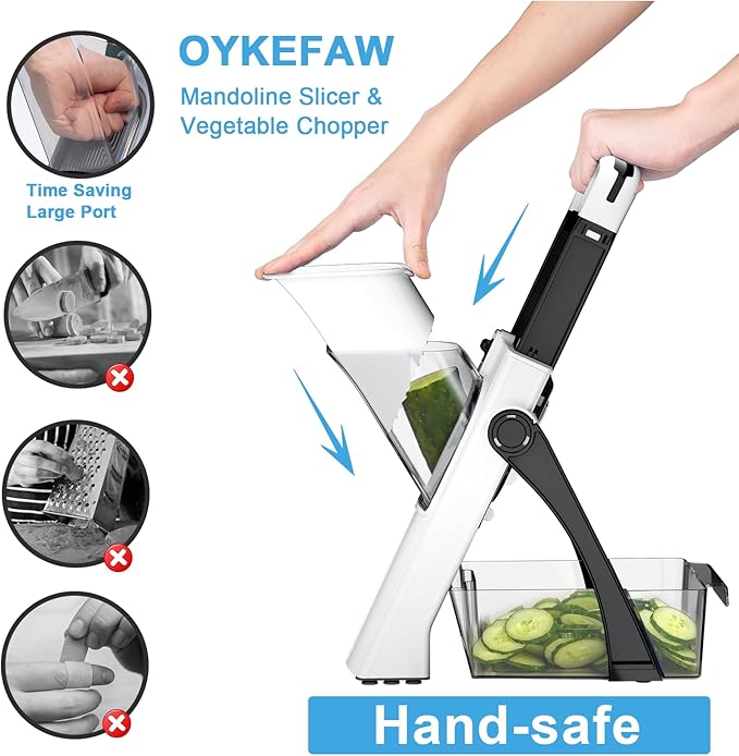 Safe Mandoline Slicer for Kitchen, 6 in 1 Vegetable Chopper, Zucchini Spiralizer，French Fry Cutter For Potatoes, Potato Slicer,Food Chopper,Adjustable Thickness 0.1-8 mm, With Peeler (BLACK+green)