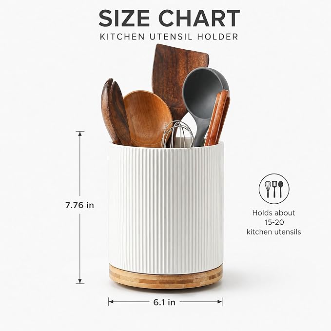 KSENDALO Large 360° Rotating Utensil Holder, Cream Milk White 7.76" Kitchen Crock for Cooking Utensils, Durable Countertop Storage for Home Kitchen