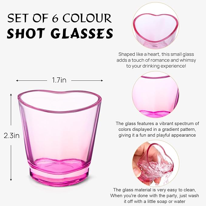ZZYFGH 6 Pack Colorful Shot Glasses, 1.5 oz Heavy Base Shot Glasses Set, Heart Shaped Shot Glasses Set, Tequila Cups Small Glass, Shot Glasses for Whiskey, Vodka, Spirits & Liquors, Mother's Day Decor