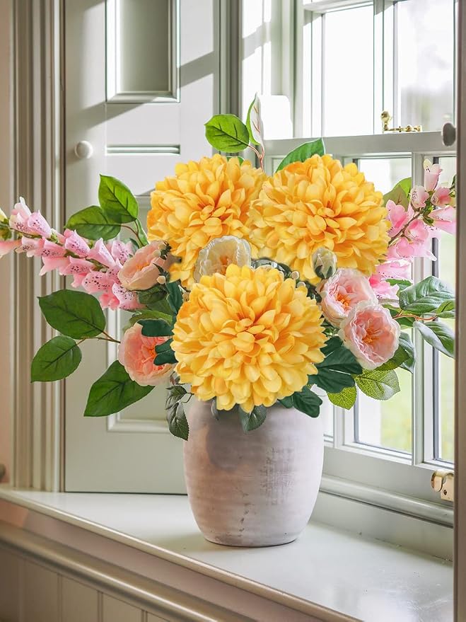 Briful [6PCS Autumn Artificial Chrysanthemum Flowers – 25.6” Long Stem Faux Silk Flowers with Large 6” Bloom Heads, Realistic Plastic Leaves – for Home Wedding Party Office Fall Decor (Yellow)