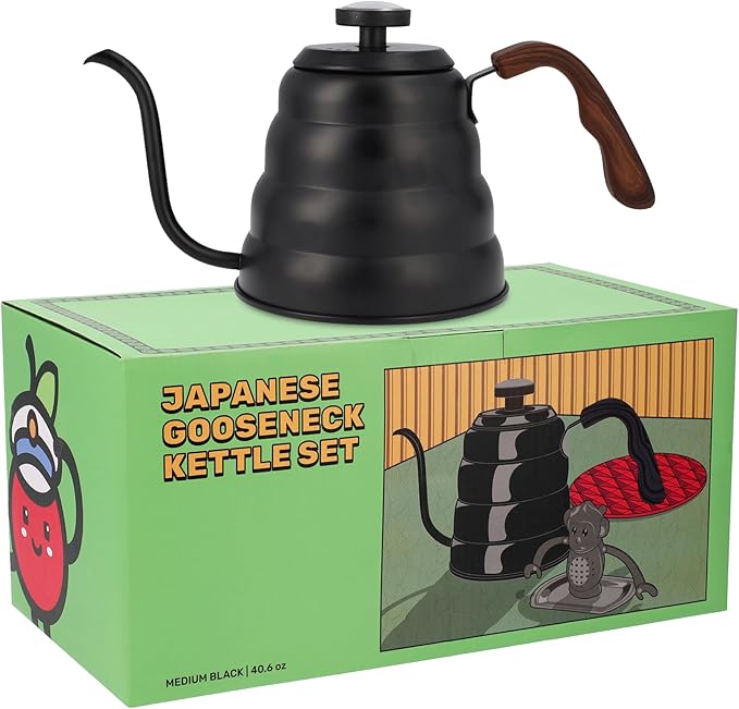 Black Japanese Gooseneck Kettle Stovetop with Thermometer and Insulated Handle (4-piece, 40.6 oz /1200ml), Stainless Steel Pour Over Tea Stovetop Kettle, Precision Pour Kettles Pot