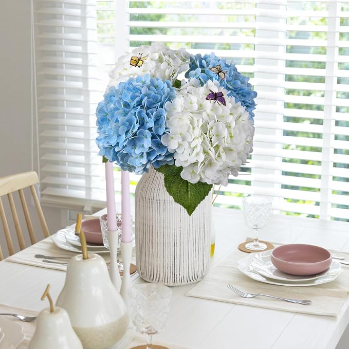 Leftover Hydrangea Artificial Flowers,4 Pcs Real Touch Hydrangea Flowers with 3 Pcs Butterflies for Centerpiece Table Decorations,Floral Arrangements for Coffee Table Decor Living Room Decor