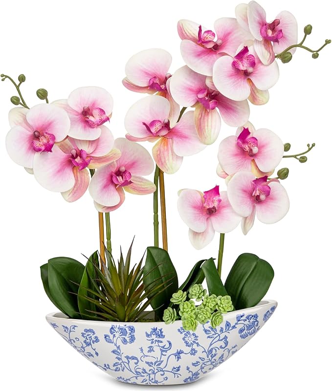 Briful Pink Orchid Fake Flowers 17in Artificial Orchid Silk Flowers in Blue and White Ceramic Vase Faux Orchid Arrangement for Elegant Home Office Room Dining Table Centerpiece Shelf Modern Decor