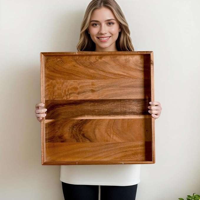 20 Inch Extra Large Square Serving Tray HeavyDuty Acacia Wood Tray for Oversized Ottoman Coffee Table and Counter Giant Decorative Organizational Tray Extensive Kitchen Serveware