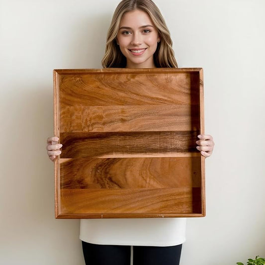20 Inch Extra Large Square Serving Tray HeavyDuty Acacia Wood Tray for Oversized Ottoman Coffee Table and Counter Giant Decorative Organizational Tray Extensive Kitchen Serveware