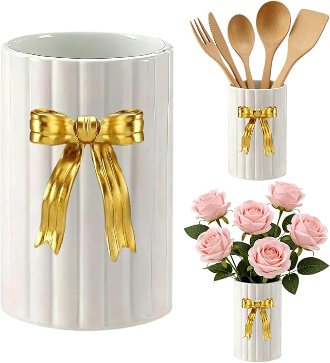 Handmade Ceramic Utensil Holder, Gold Bow 3D Coquette Cooking Utensil Crock with Scalloped Edge, Kitchen Vintage Retro Storage Caddy Organizer, Vase Decor Graduation Gift for College Students