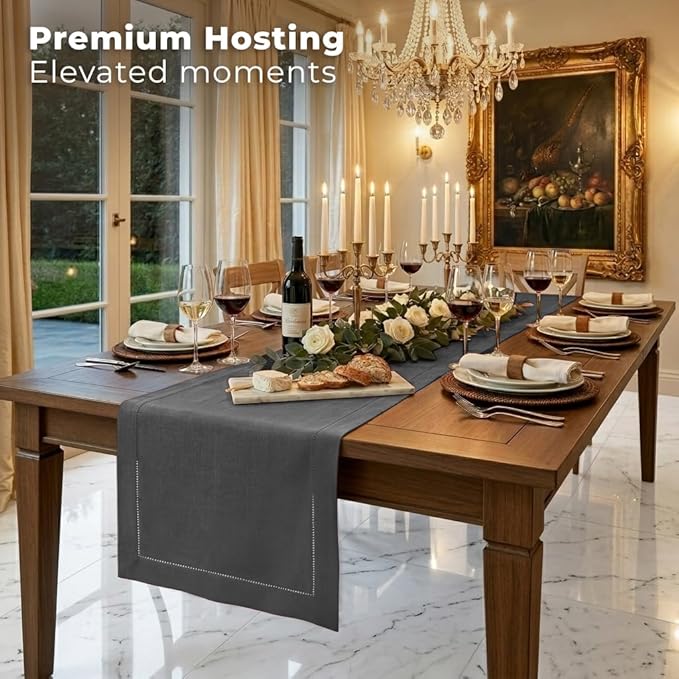 Signature Linen™ by D'Moksha Charcoal Grey Table Runner 36 Inches, 100% Pure Linen, Hemstitch, Coffee Table Runner, 14 x 36 Inch for Dresser Tables- Summer, Father's Day