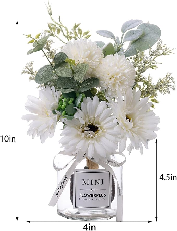 LADADA White Artificial Daisy Flower Set Glass Vase Table Centerpiece Home Decor