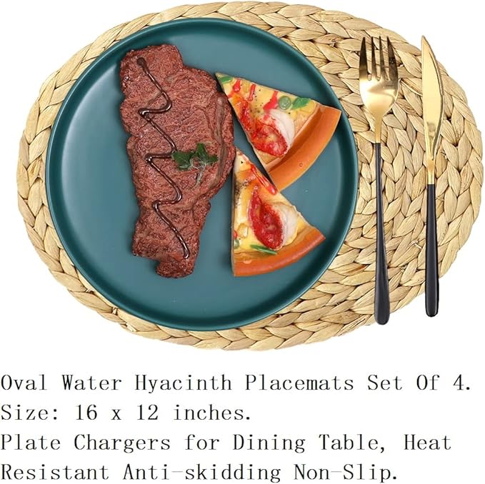 Oval Woven Placemats, Natural Water Hyacinth Placemats Set of 4, Straw Braided Rattan Placemats, 12x16 Inches Plate Chargers Set, Non-Slip Heat Resistant Woven Chargers for Dining Table