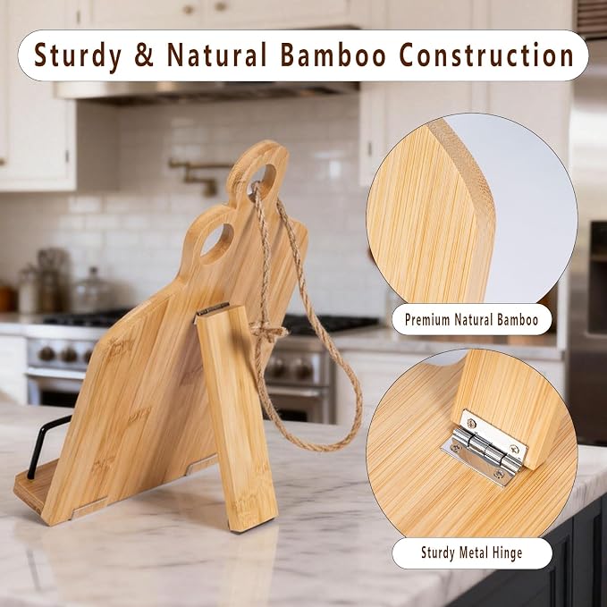 Adjustable Wooden Cookbook Stand for Kitchen Counter - Foldable & Space Saving Recipe Book Holder, Multi-Angle Reading Rack for Cookbooks, Phones, Tablets