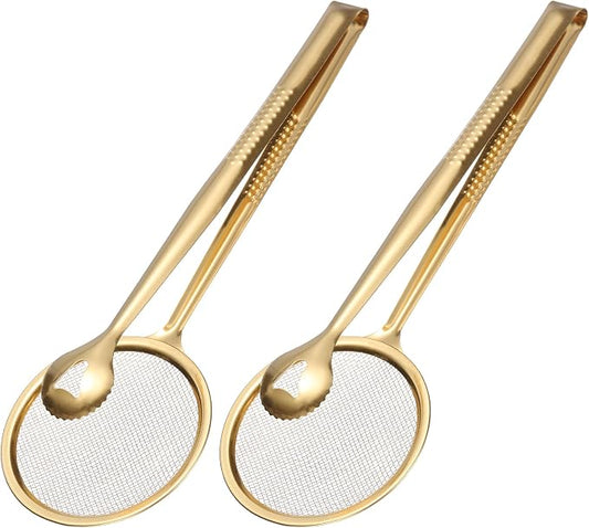 uxcell 2Pcs Stainless Steel Strainer Tongs, 11.2" Multi-Functional Food Strainer with Clip Fine Mesh Oil Filter Skimmer Hot Pot Clips for Kitchen Tool Restaurant Frying Cooking, Gold