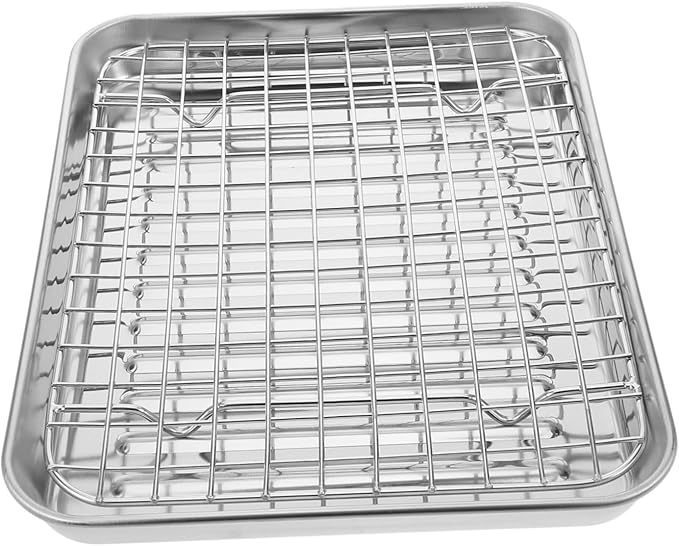 ABOOFAN 1Set Stainless Steel Baking Tray with Wire Rack Food Grade Non Stick Oven Pan Cooling Rack for Home Baking Camping and Restaurants Easy Clean
