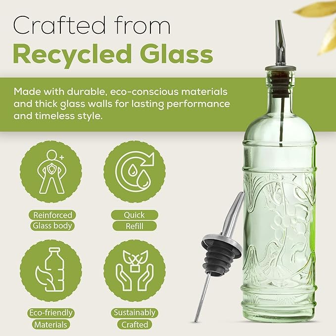 COURONNE CO. My Eco Glass Olive Oil Dispenser Bottle for Kitchen - Vinegar Dispenser Bottle with Pour Spouts - 16 oz - Aqua Blue