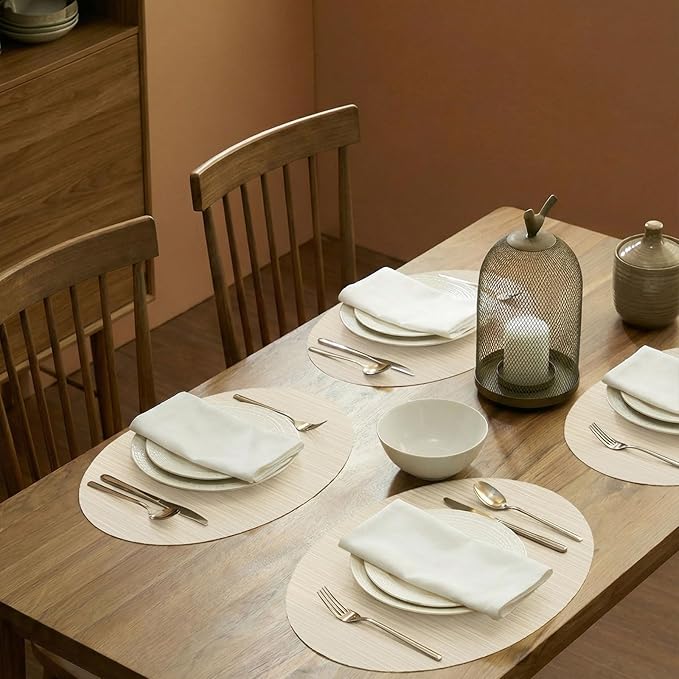 AHHFSMEI Oval Placemats Set of 6 Woven Vinyl Non-Slip Heat Resistant Stain Resistant Easy Clean Place mats for Dining Table(Beige)