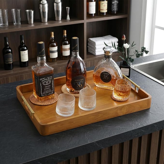 Solid Teak Wood Serving Tray with Handles, 20"x14"x2" Large Ottoman Tray for Living Room Kitchen Party, Decorative Rustic Rectangular Tray for Home Coffee Table Breakfast Dinner Bar